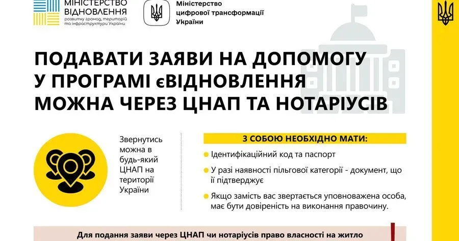 єВідновлення: як отримати допомогу? єВідновлення: заяву на отримання допомоги тепер можна подати через ЦНАПи або нотаріусів